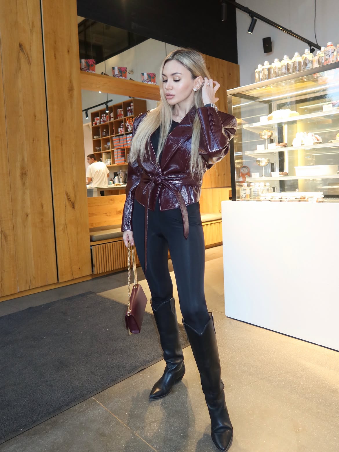 Burgundy Patent Jacket With Black Knee High Boots