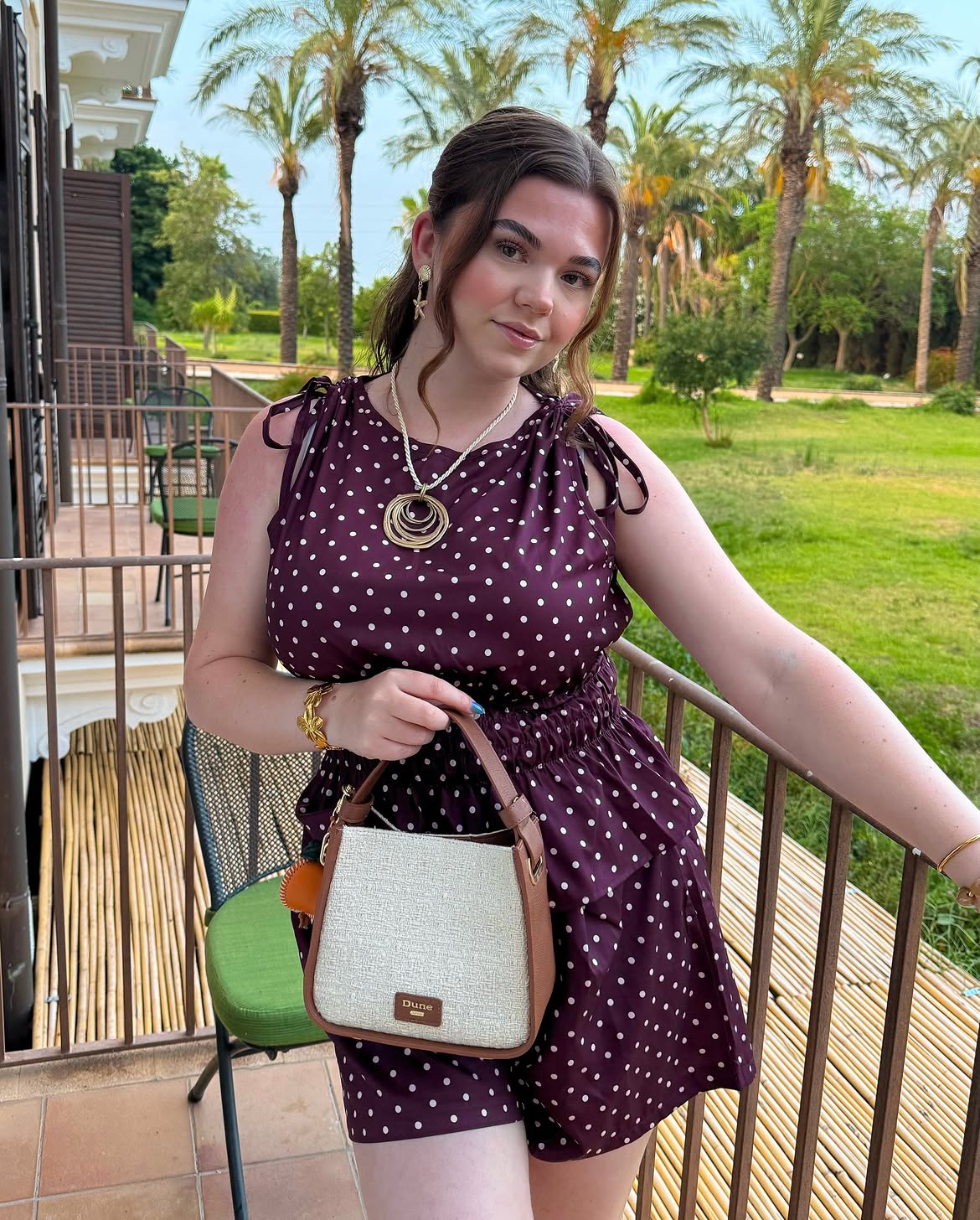 Burgundy Polka Dot Vacation Romper And Straw Bag