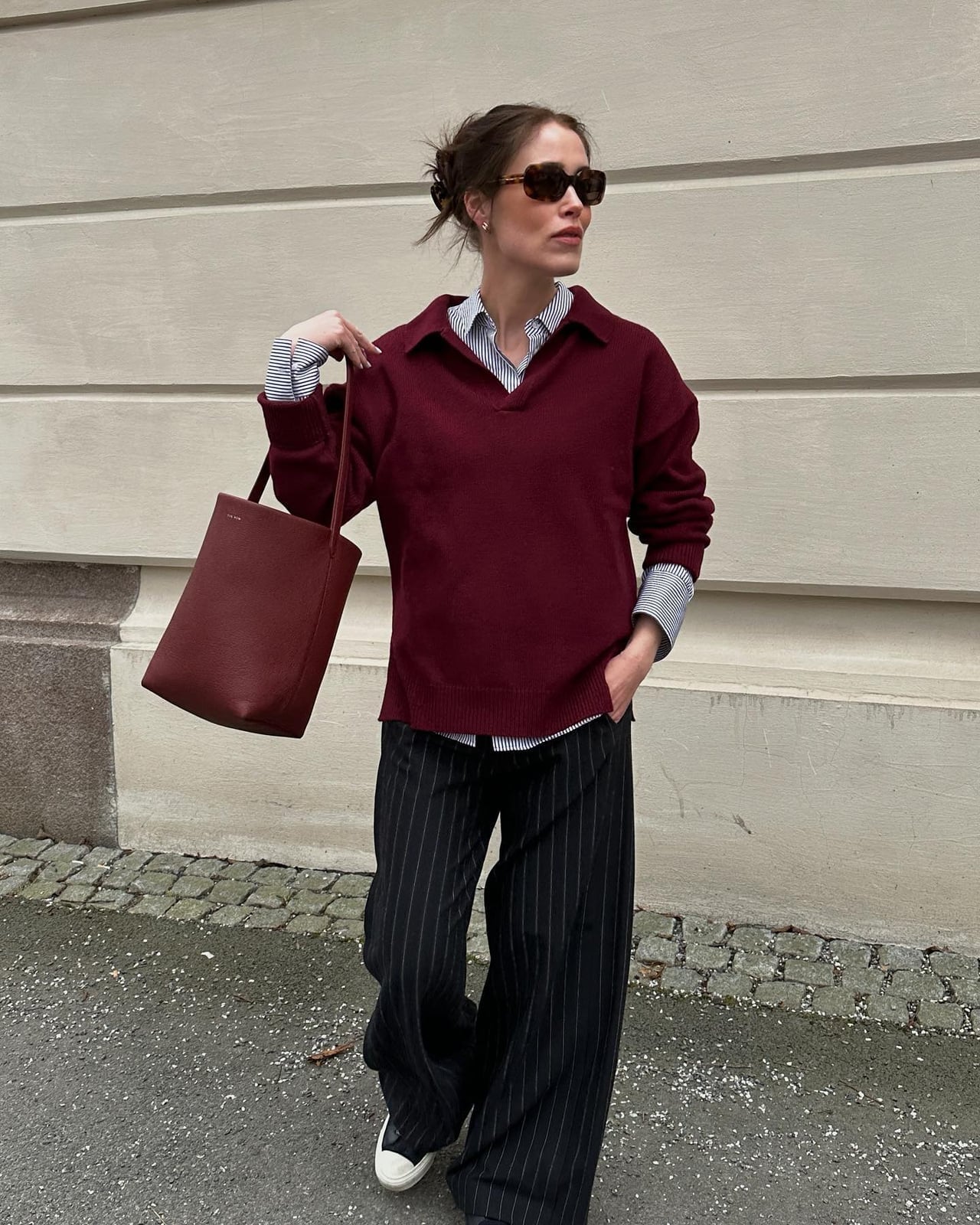 Burgundy V-neck Sweater Over Striped Shirt Burgundy V-neck Sweater Over Striped Shirt — Burgundy Top Outfits