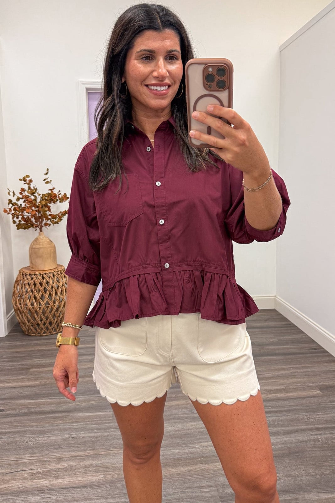 Burgundy Button-Up Shirt With Cream Shorts Burgundy Button-Up Shirt With Cream Shorts — Burgundy Top Outfits