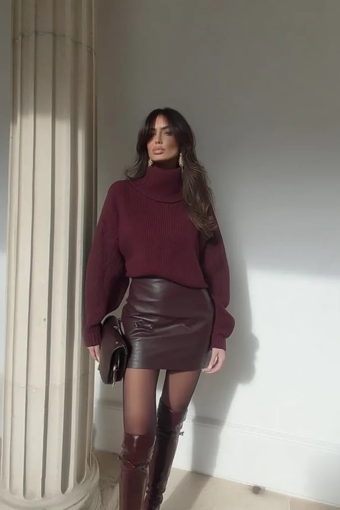 Burgundy Turtleneck With Leather Mini Skirt Burgundy Turtleneck With Leather Mini Skirt — Burgundy Top Outfits