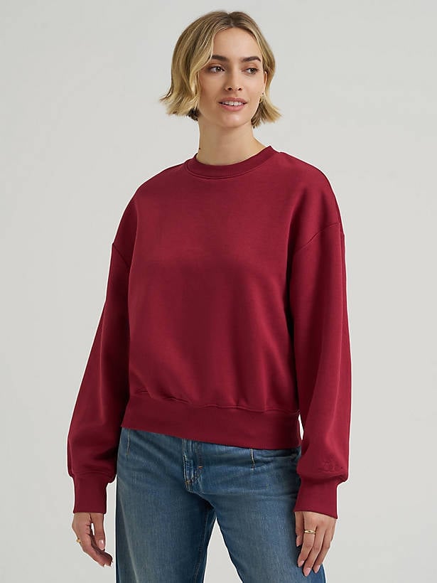 Burgundy Crew Neck Sweatshirt With Blue Jeans Burgundy Crew Neck Sweatshirt With Blue Jeans — Burgundy Top Outfits