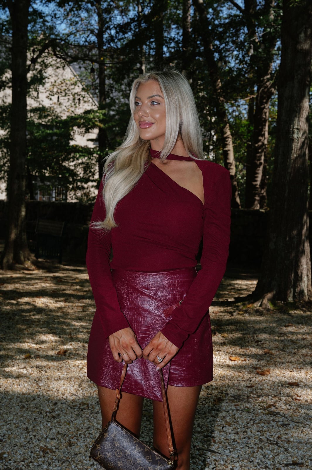 Burgundy Cut-Out Top With Croc-Effect Skirt Burgundy Cut-Out Top With Croc-Effect Skirt — Burgundy Top Outfits