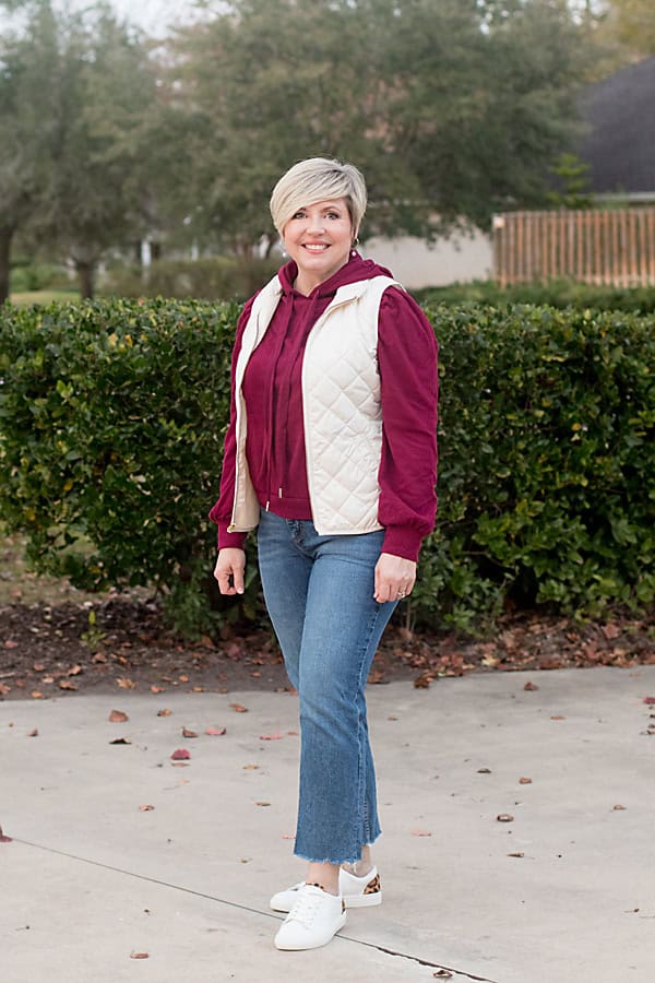 Burgundy Hoodie Under Quilted Vest Burgundy Hoodie Under Quilted Vest — Burgundy Top Outfits