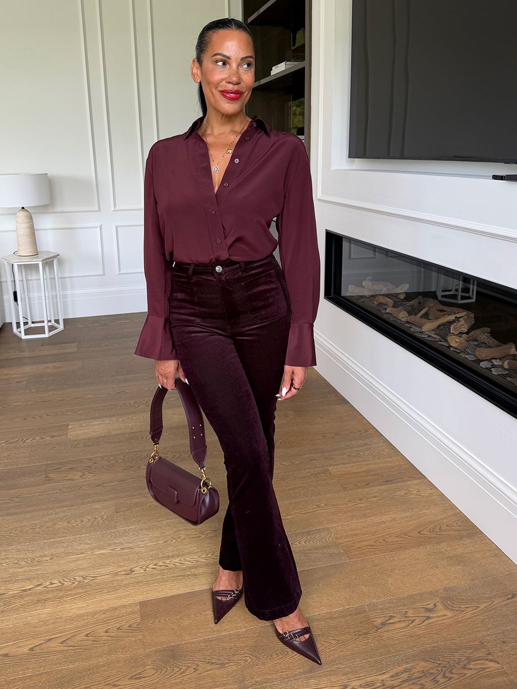 Silk Burgundy Shirt With Corduroy Trousers Silk Burgundy Shirt With Corduroy Trousers — Burgundy Top Outfits