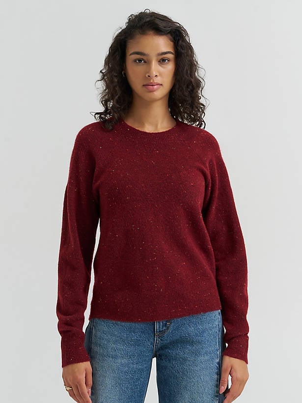 Burgundy Speckled Sweater With Blue Jeans Burgundy Speckled Sweater With Blue Jeans — Burgundy Top Outfits