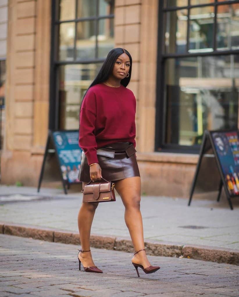 Oversized Burgundy Sweatshirt With Leather Mini Skirt Oversized Burgundy Sweatshirt With Leather Mini Skirt — Burgundy Top Outfits