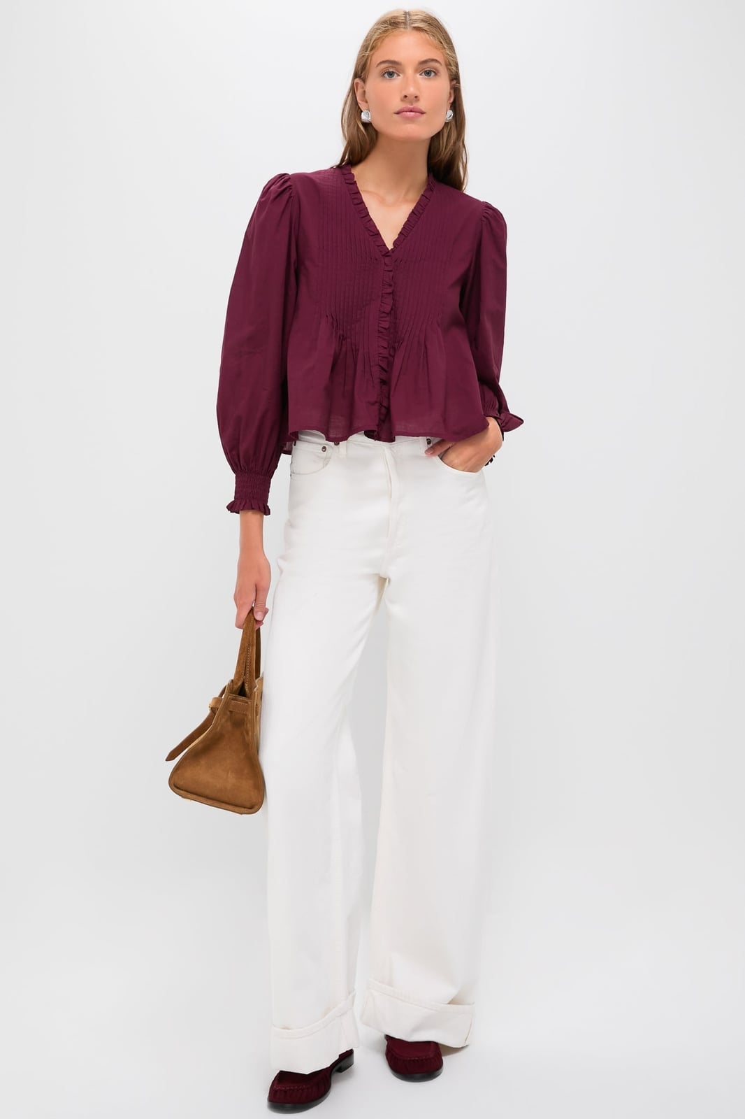 Burgundy Peasant Blouse With White Jeans Burgundy Peasant Blouse With White Jeans — Burgundy Top Outfits