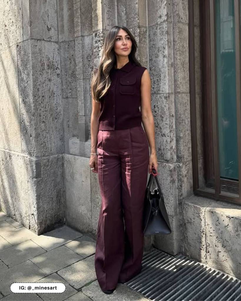 Fitted Burgundy Top With Matching Wide-Leg Trousers Fitted Burgundy Top With Matching Wide-Leg Trousers — Burgundy Top Outfits