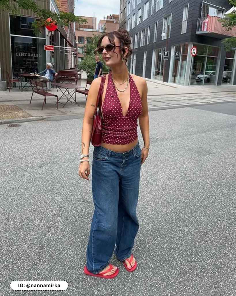 Burgundy Polka Dot Halter Top With Denim Jeans Burgundy Polka Dot Halter Top With Denim Jeans — Burgundy Top Outfits