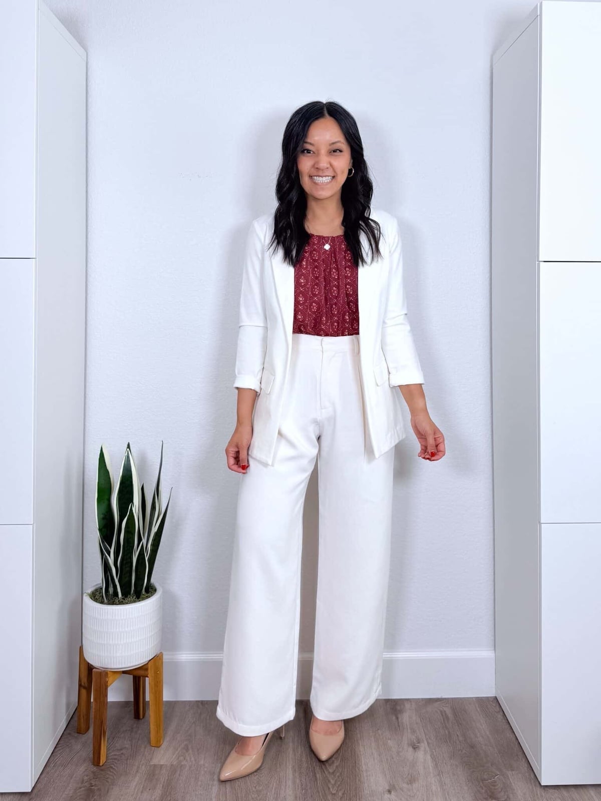 White blazer over burgundy blouse with white wide leg trousers White blazer over burgundy blouse with white wide leg trousers — Business Casual Outfits