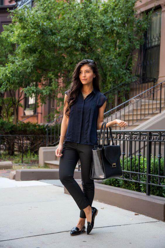Navy chiffon blouse with slim fit black trousers Navy chiffon blouse with slim fit black trousers — Business Casual Outfits