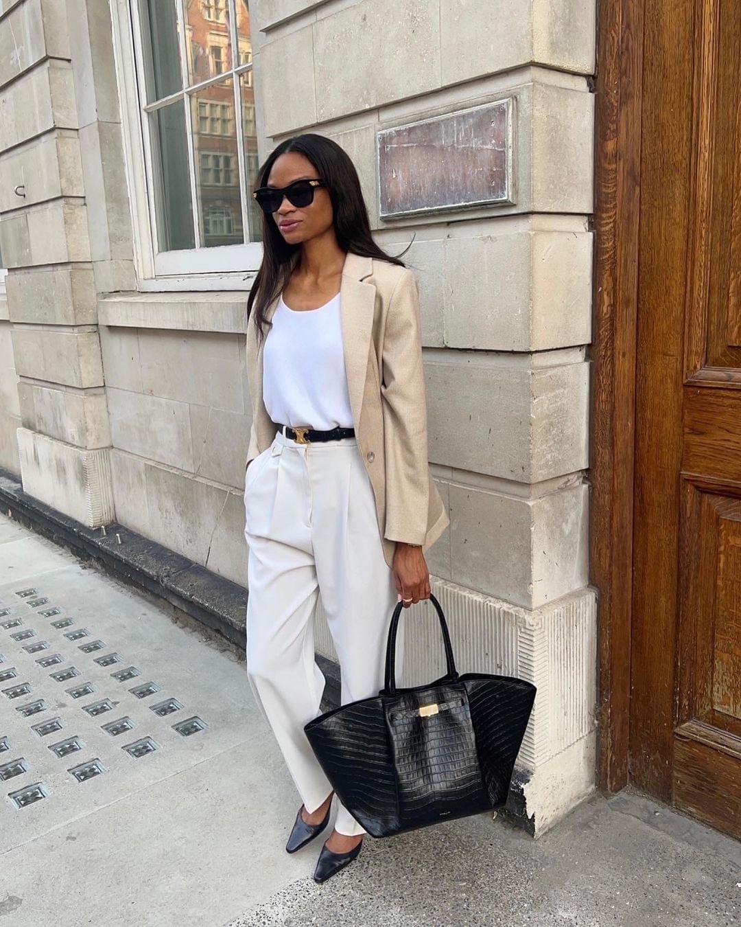 Beige blazer with white tank and white wide leg trousers, Linen Blend Beige blazer with white tank and white wide leg trousers, Linen Blend — Business Casual Outfits