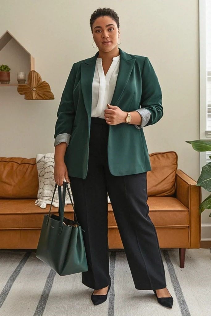 Emerald green blazer with white blouse and black trousers Emerald green blazer with white blouse and black trousers — Business Casual Outfits