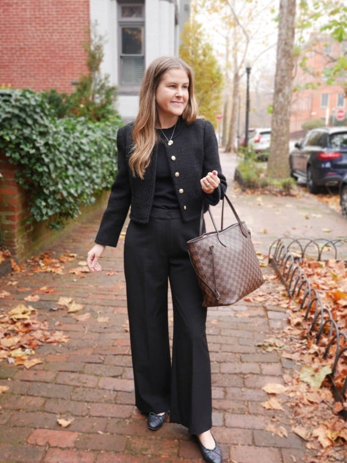 Black tweed blazer and wide-leg trousers, Gold Button Details Black tweed blazer and wide-leg trousers, Gold Button Details — Business Outfits