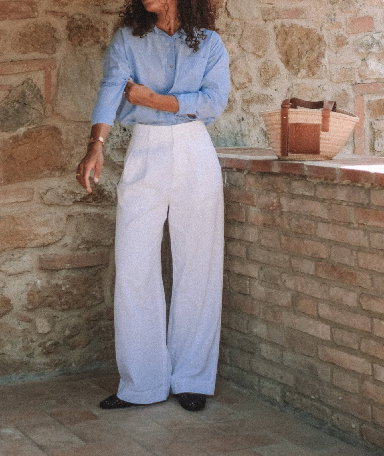 Light blue shirt and white wide-leg trousers, Linen Blend Light blue shirt and white wide-leg trousers, Linen Blend — Business Outfits