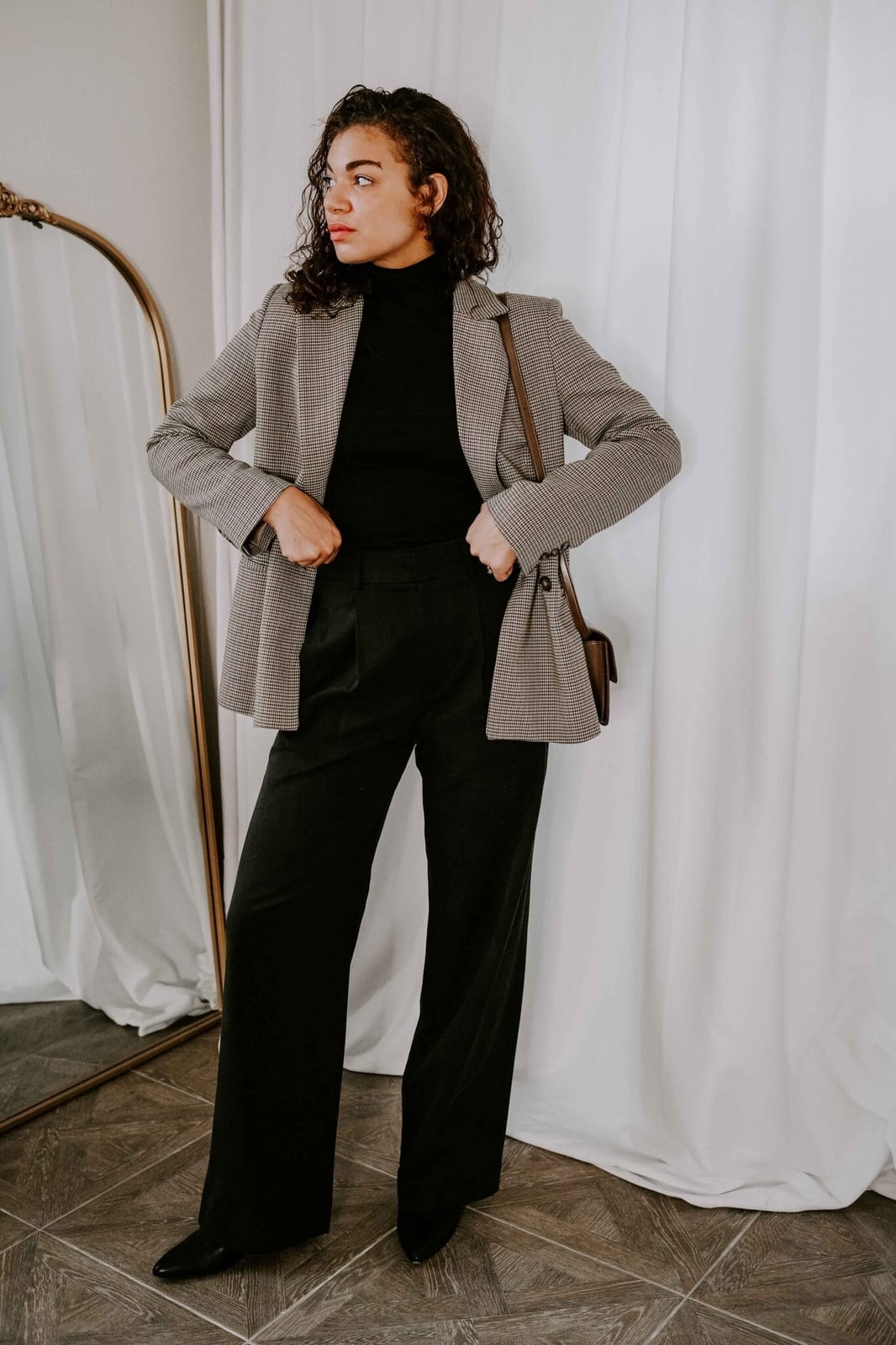 Houndstooth blazer and black turtleneck with trousers, Close-Up Take Houndstooth blazer and black turtleneck with trousers, Close-Up Take — Business Outfits