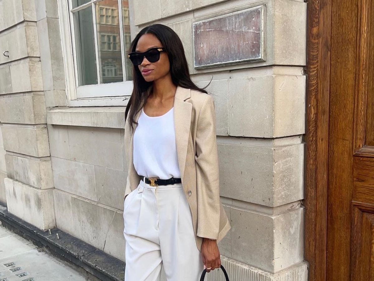 Beige blazer and cream trousers with belted waist Beige blazer and cream trousers with belted waist — Business Outfits