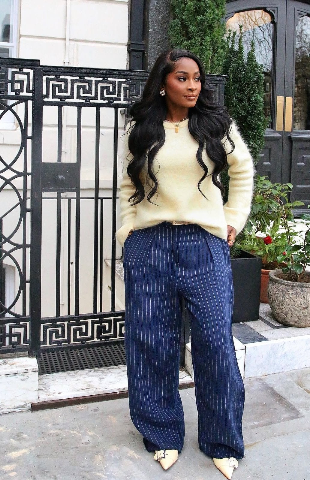 Yellow knit sweater and pinstripe trousers for business casual Yellow knit sweater and pinstripe trousers for business casual — Business Outfits