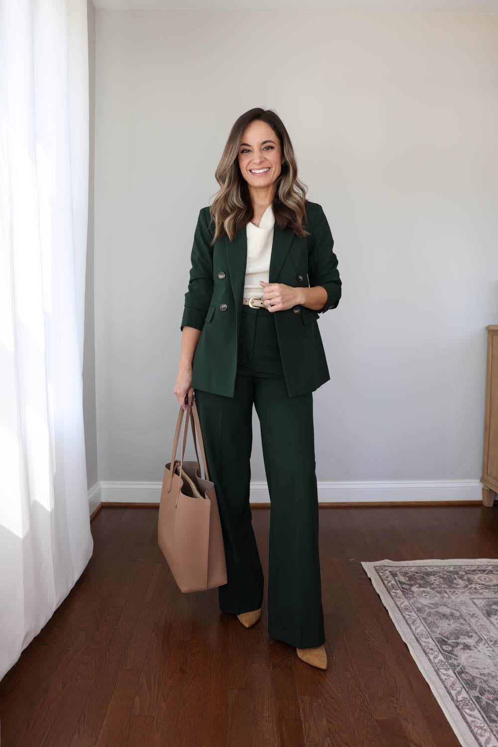 Dark Green Double Breasted Suit With Wide Leg Trousers Dark Green Double Breasted Suit With Wide Leg Trousers — Business Professional Outfits