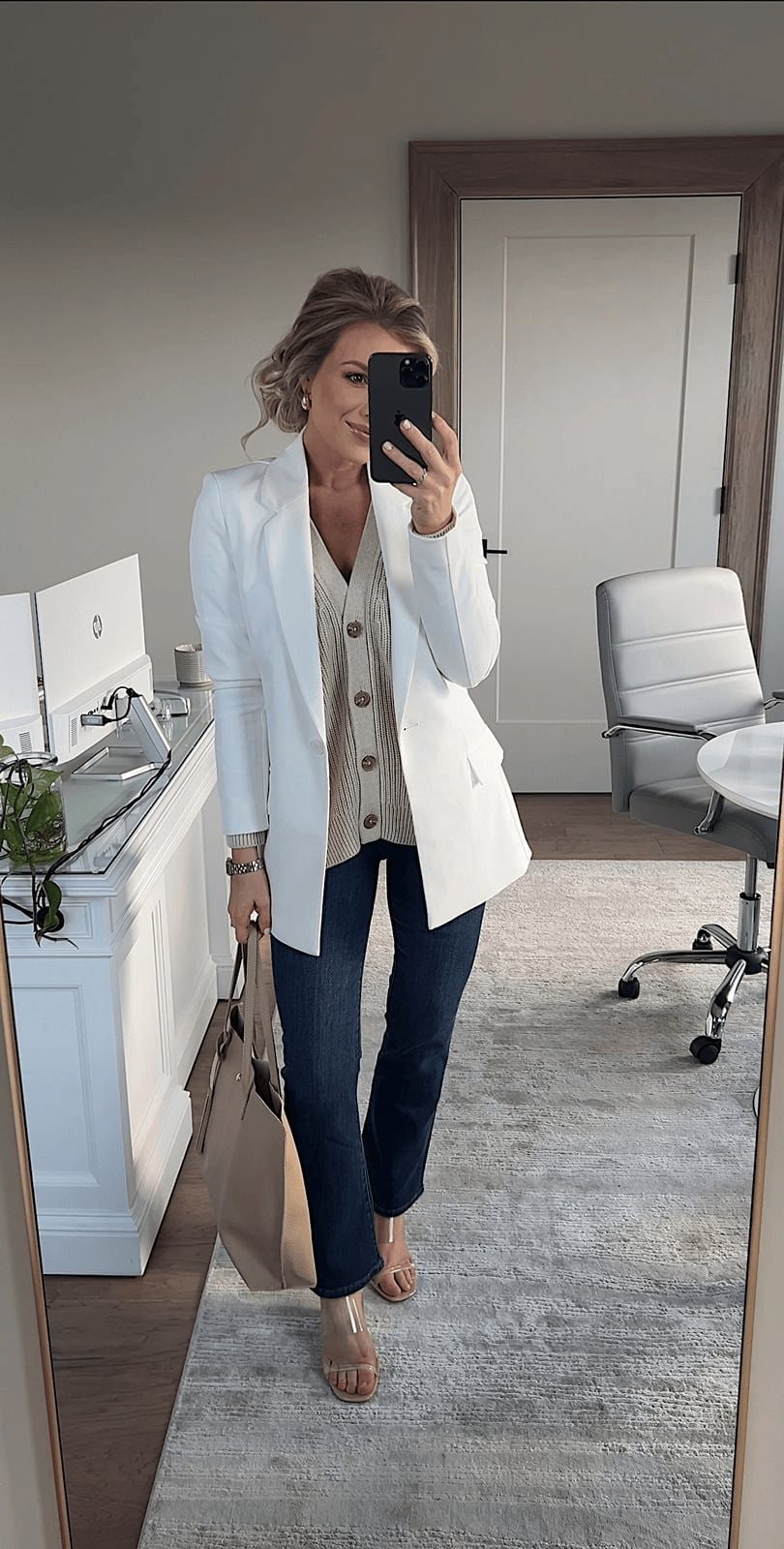 White Fitted Blazer Over Beige Cardigan White Fitted Blazer Over Beige Cardigan — Business Professional Outfits