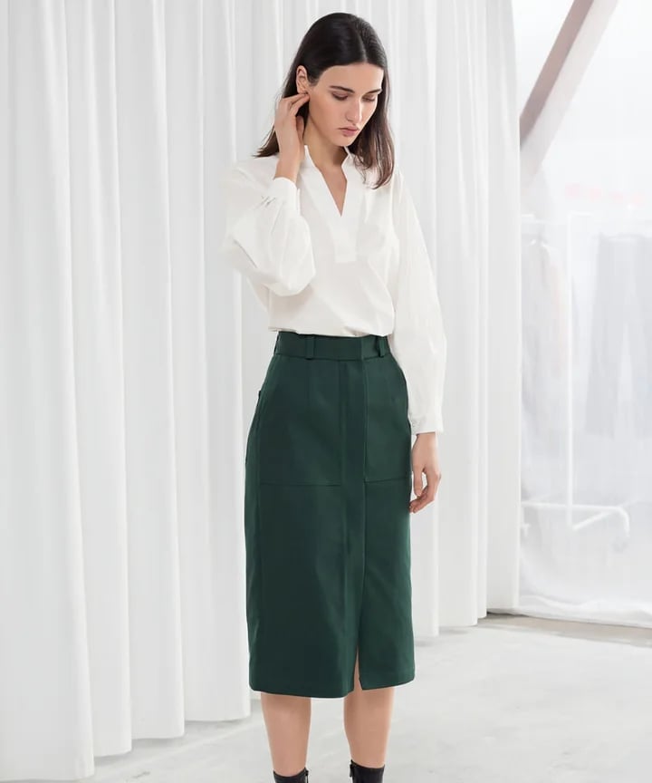 White Blouse With Green Pencil Skirt White Blouse With Green Pencil Skirt — Business Professional Outfits