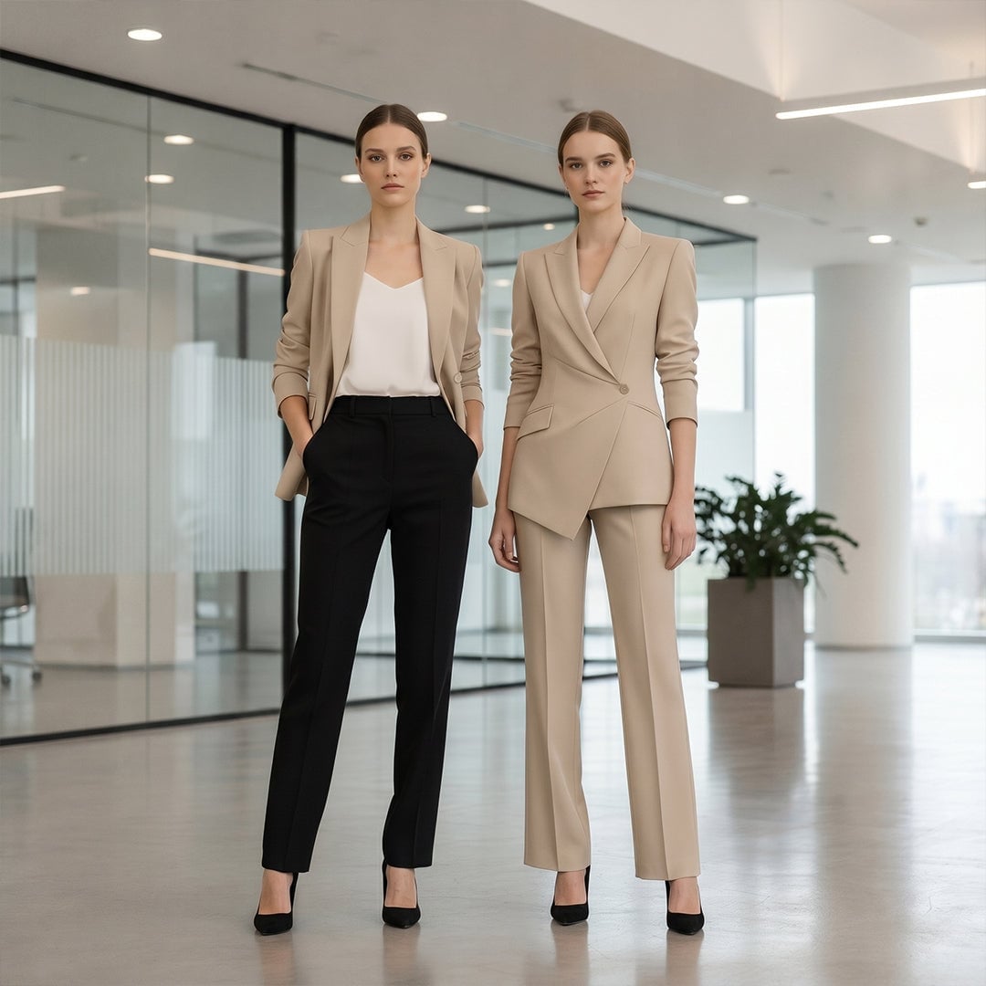 Beige Blazer With Black Tailored Trousers Beige Blazer With Black Tailored Trousers — Business Professional Outfits