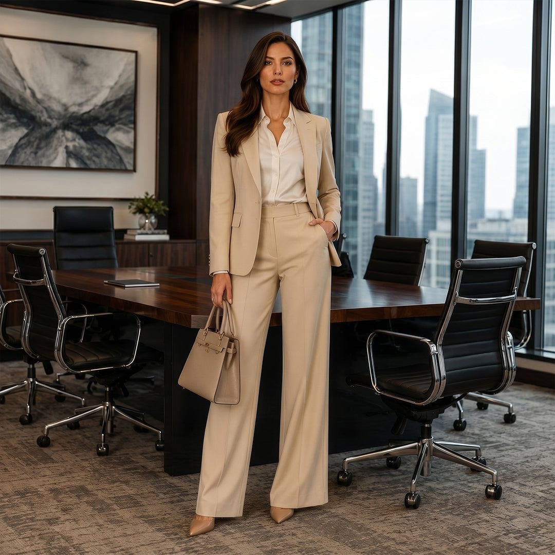 Beige Relaxed Fit Suit With Wide Leg Trousers, Nude Pointed Heels Beige Relaxed Fit Suit With Wide Leg Trousers, Nude Pointed Heels — Business Professional Outfits