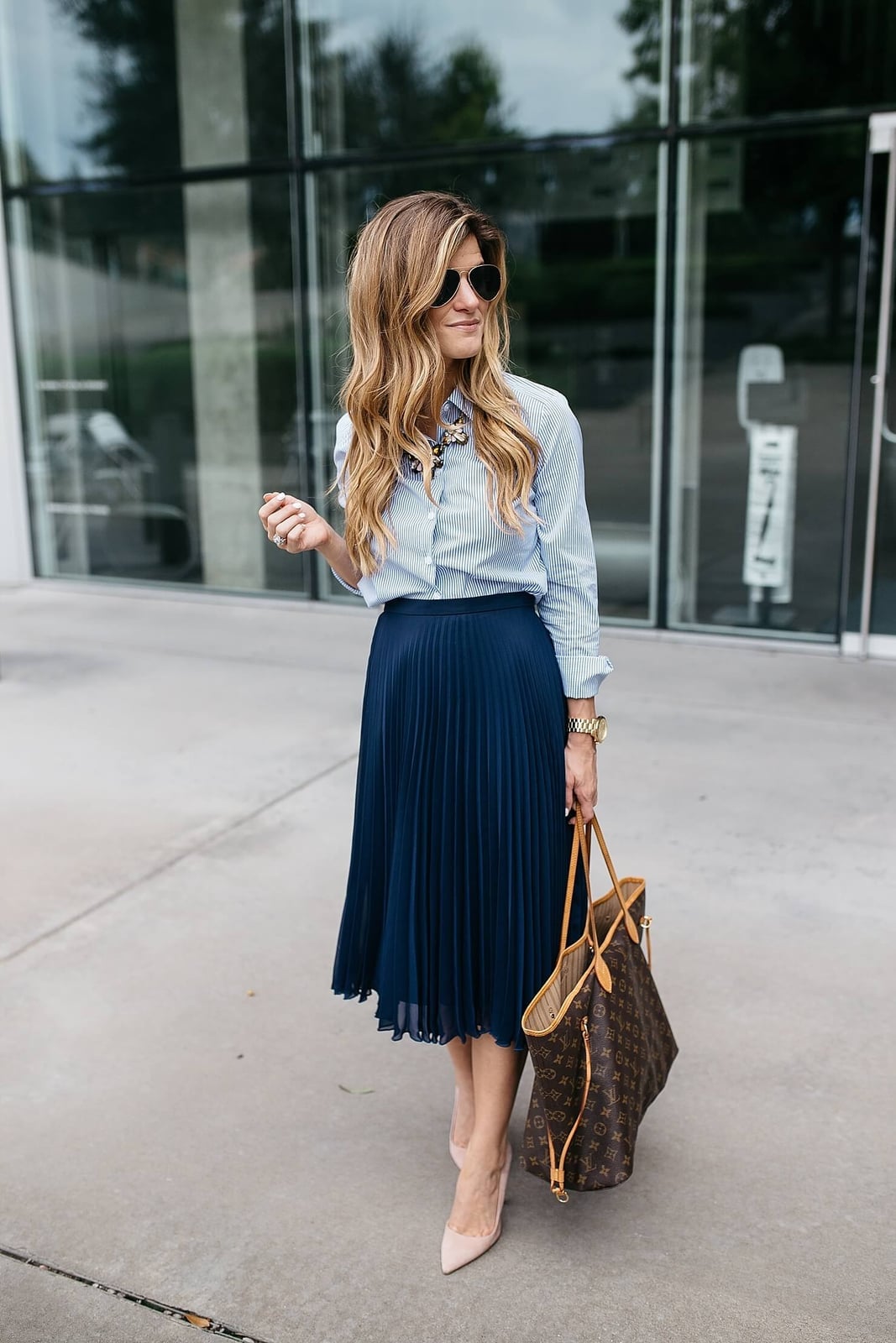 Light Blue Pinstripe Shirt With Navy Pleated Skirt Light Blue Pinstripe Shirt With Navy Pleated Skirt — Business Professional Outfits