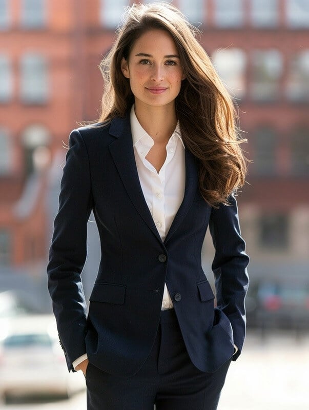 Fitted Navy Blue Suit With White Shirt, Smooth Suiting Fitted Navy Blue Suit With White Shirt, Smooth Suiting — Business Professional Outfits