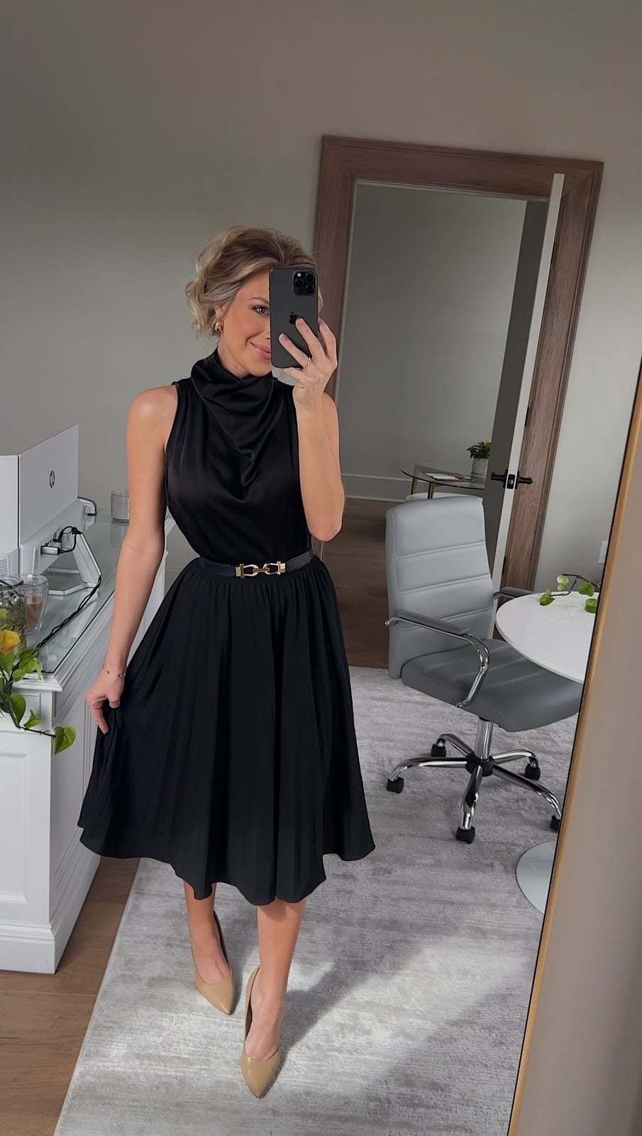 Black Mock Neck Top With Pleated Midi Skirt Black Mock Neck Top With Pleated Midi Skirt — Business Professional Outfits