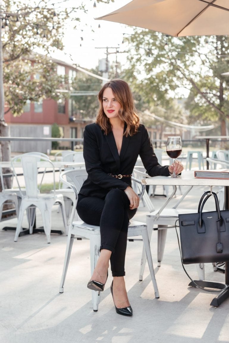 Black Blazer With Floral Blouse And Slim Trousers Black Blazer With Floral Blouse And Slim Trousers — Business Professional Outfits
