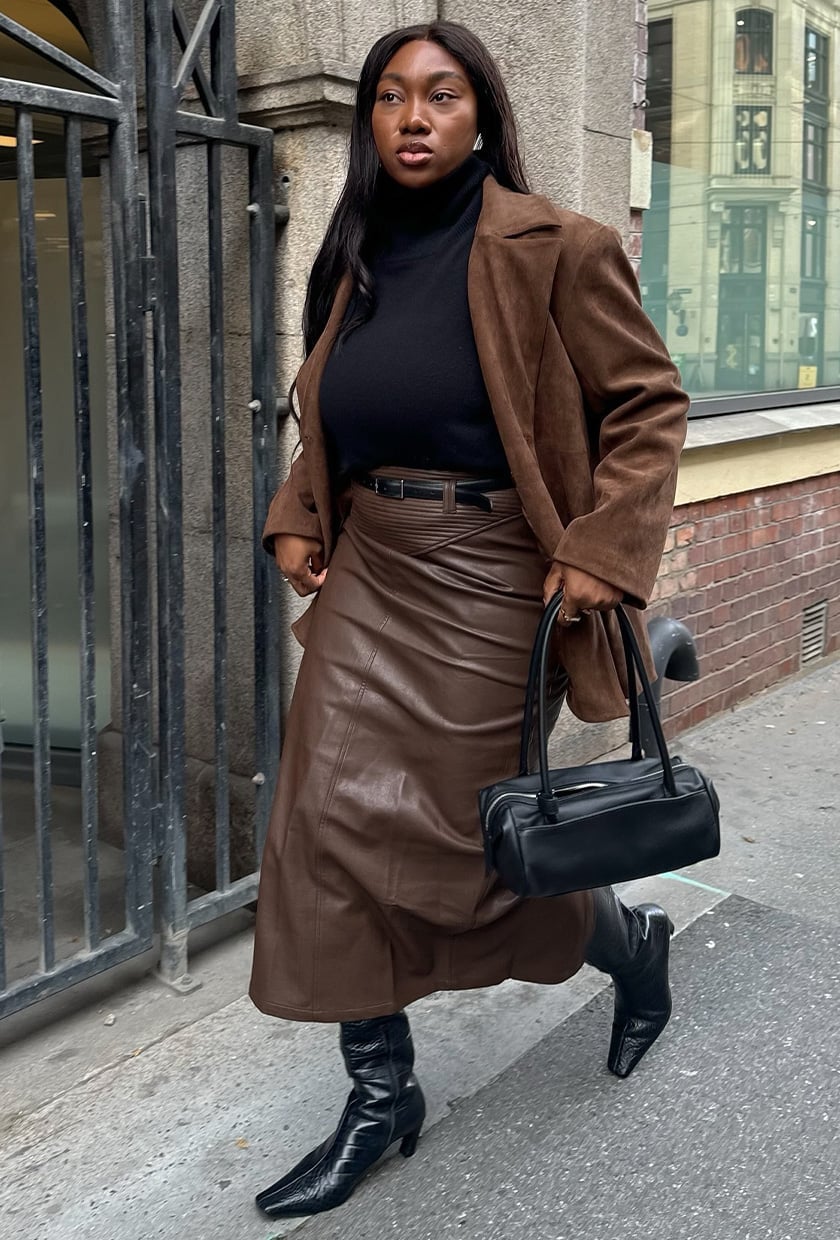 Brown Suede Blazer With Leather Skirt Brown Suede Blazer With Leather Skirt — Business Professional Outfits