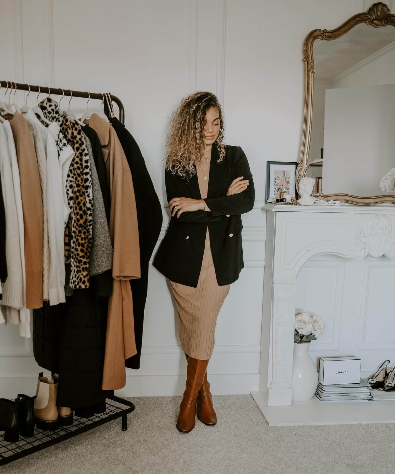 Dark Oversized Blazer Over Camel Knit Dress Dark Oversized Blazer Over Camel Knit Dress — Business Professional Outfits