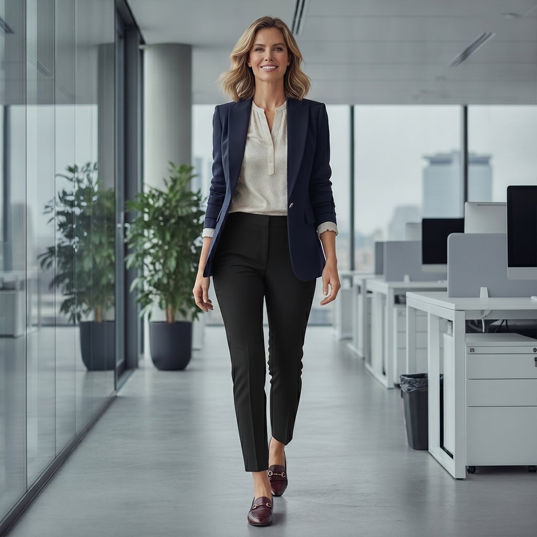 Navy Blazer Over Ivory Blouse With Black Trousers Navy Blazer Over Ivory Blouse With Black Trousers — Business Professional Outfits