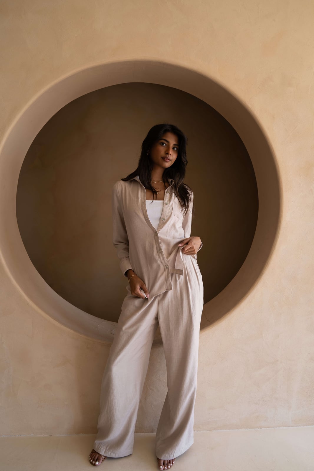 Beige Linen Button Down Set With Wide Leg Pants Beige Linen Button Down Set With Wide Leg Pants — Button Down Outfits