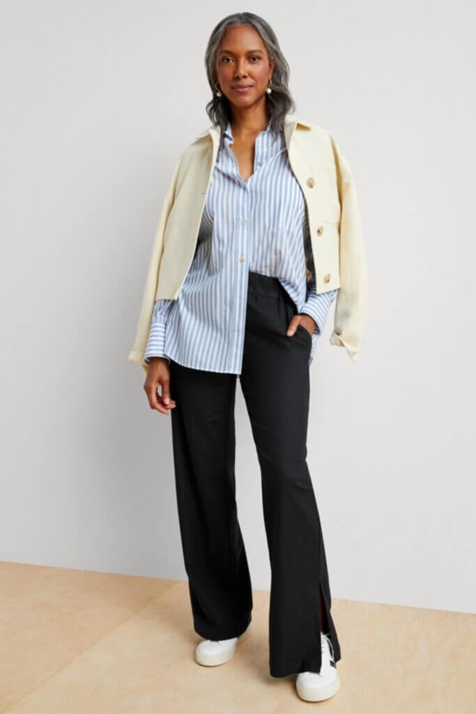 Striped Button Down Under Cropped Jacket With Trousers Striped Button Down Under Cropped Jacket With Trousers — Button Down Outfits