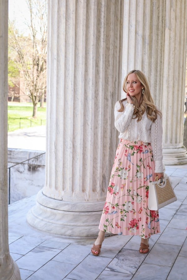 White Eyelet Blouse With Floral Midi Skirt White Eyelet Blouse With Floral Midi Skirt — Button Down Outfits