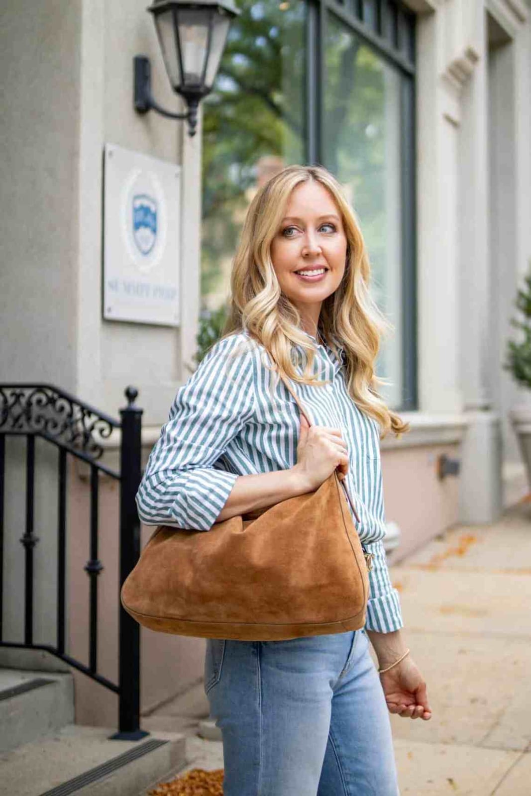 Striped Button Down With Blue Jeans And Suede Bag Striped Button Down With Blue Jeans And Suede Bag — Button Down Outfits