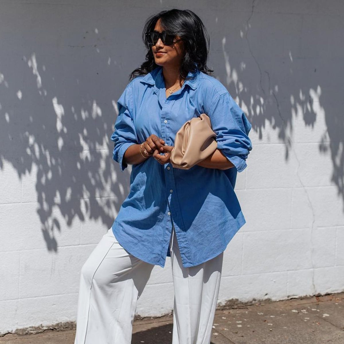 Blue Linen Button Down With White Wide Leg Trousers Blue Linen Button Down With White Wide Leg Trousers — Button Down Outfits