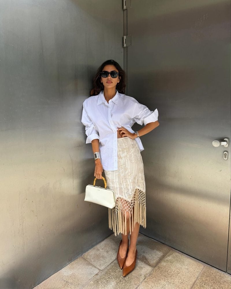 White Button Down With Fringe Midi Skirt White Button Down With Fringe Midi Skirt — Button Down Outfits