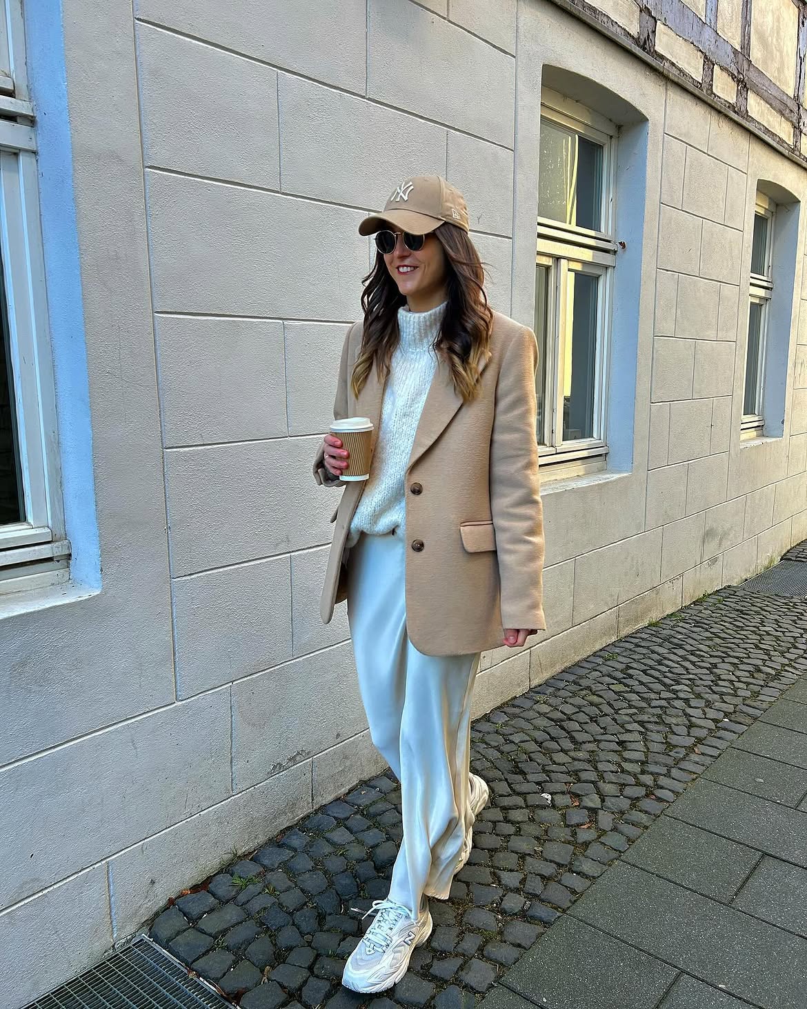 Camel Blazer With Cream Knit And Satin Trousers