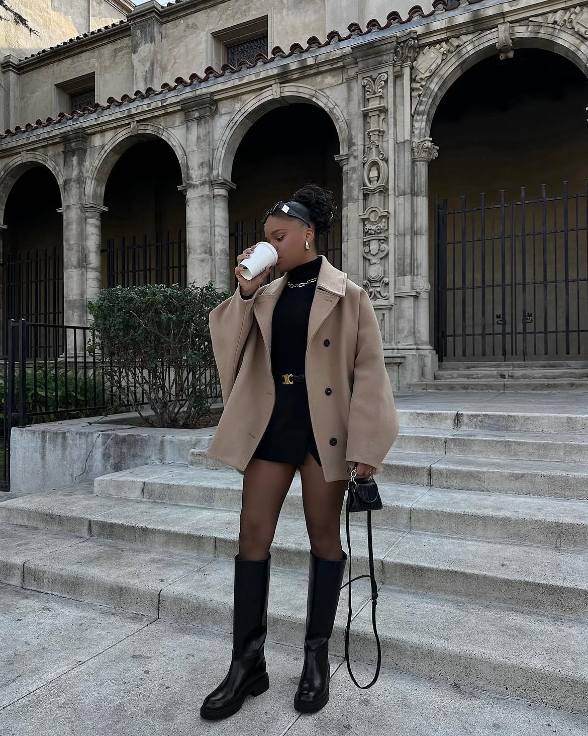 Camel Peacoat And Black Knee High Boots