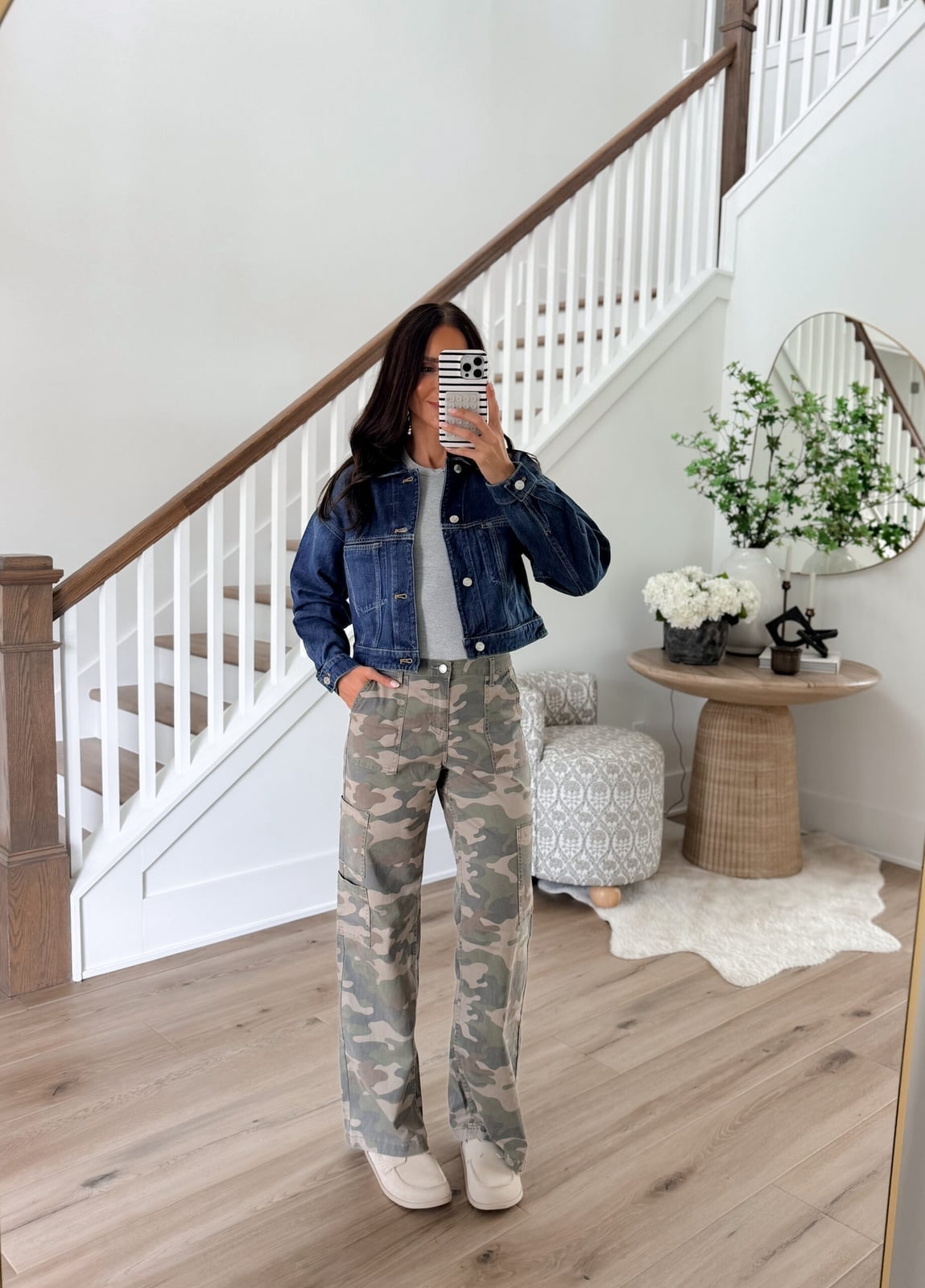 Denim Jacket Adds Casual Cool to Wide-Leg Camo Pants Denim Jacket Adds Casual Cool to Wide-Leg Camo Pants — Camo Outfits