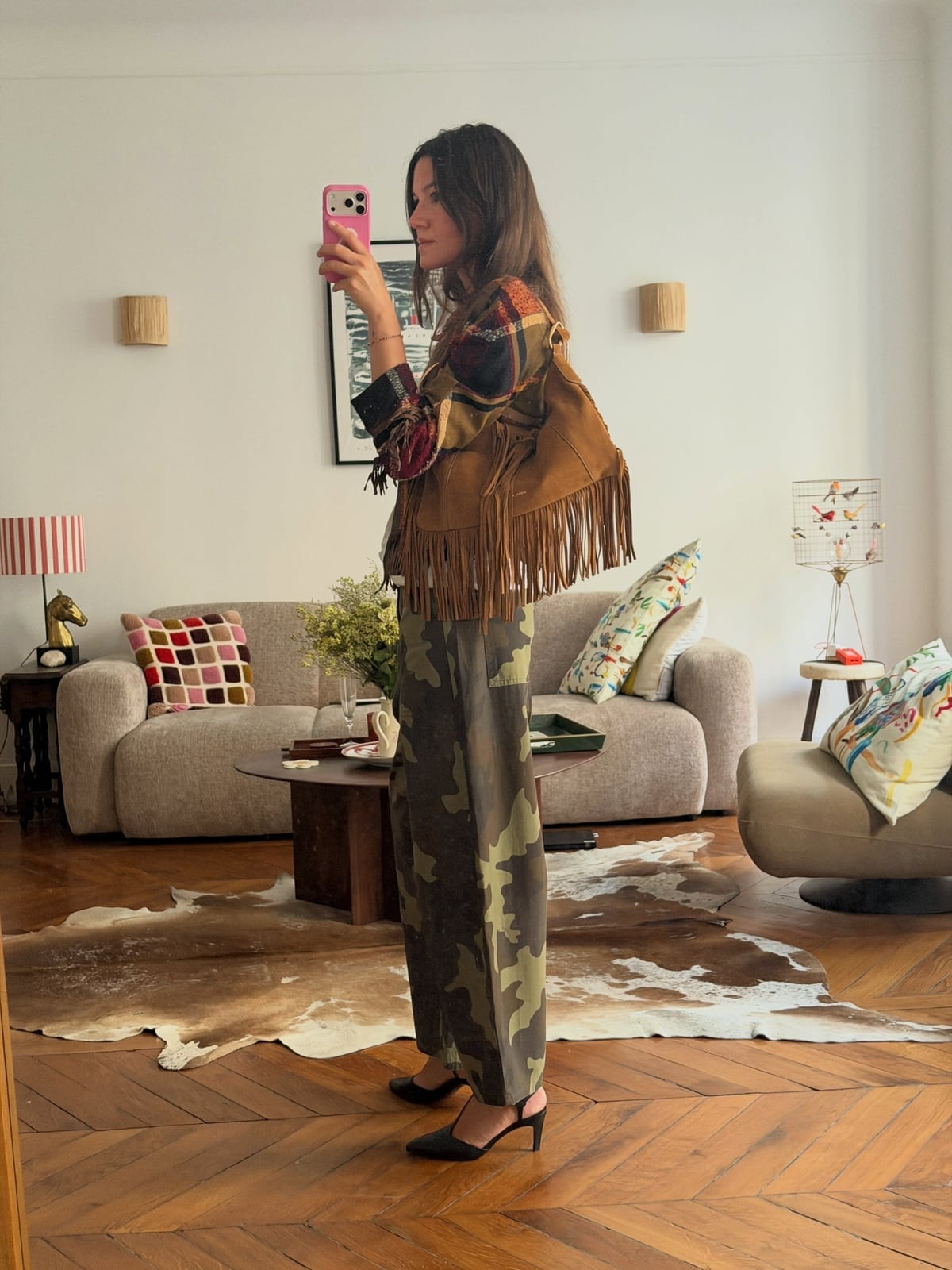 Fringed Suede Vest and Mules Elevate Camo Cargo Pants Fringed Suede Vest and Mules Elevate Camo Cargo Pants — Camo Outfits