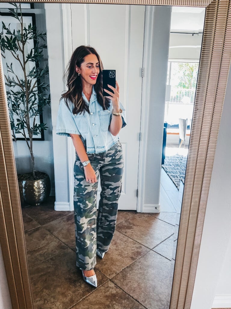 Denim Shirt and Metallic Heels Complement Wide-Leg Camo Pants Denim Shirt and Metallic Heels Complement Wide-Leg Camo Pants — Camo Outfits