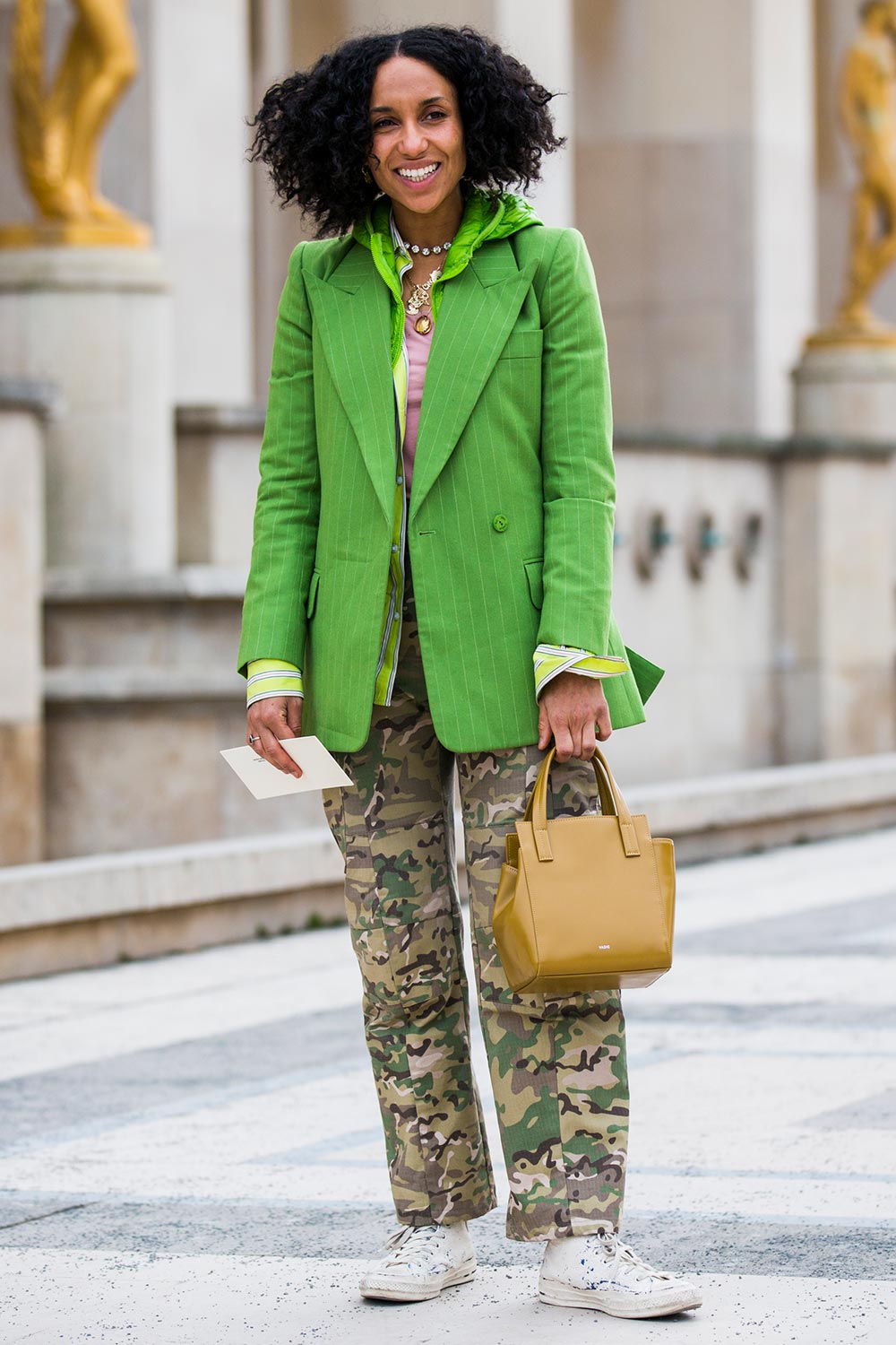 Green Pinstripe Blazer Adds Polish to Layered Camo Outfit Green Pinstripe Blazer Adds Polish to Layered Camo Outfit — Camo Outfits