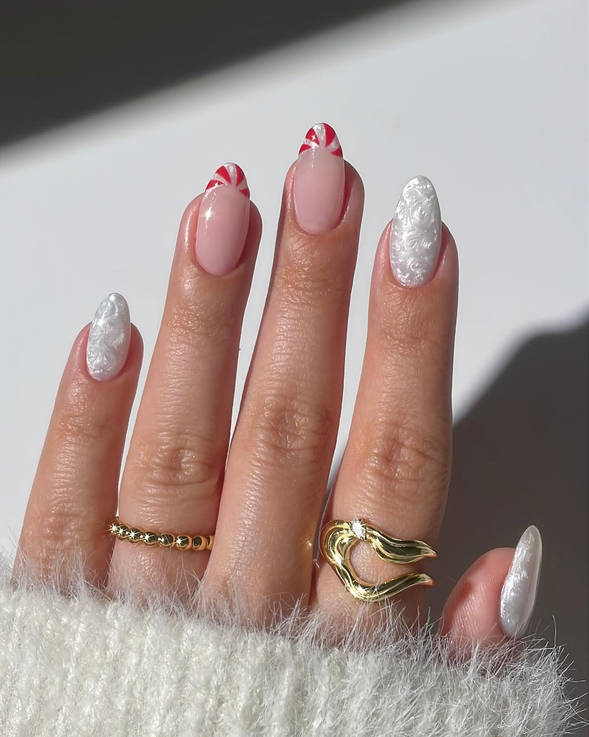 Candy Cane French Tip Almond Nails