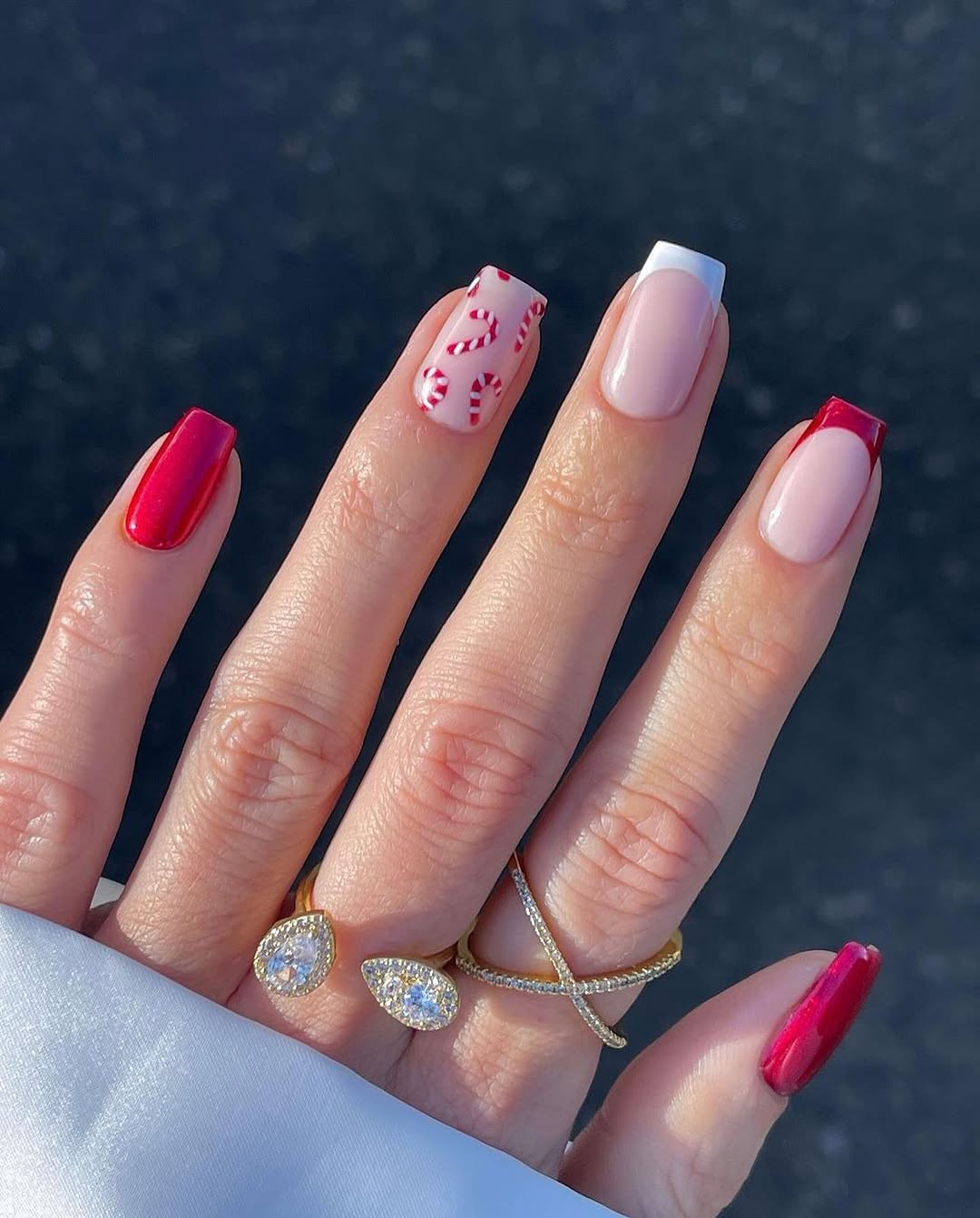Candy Cane French Tip Christmas Nails