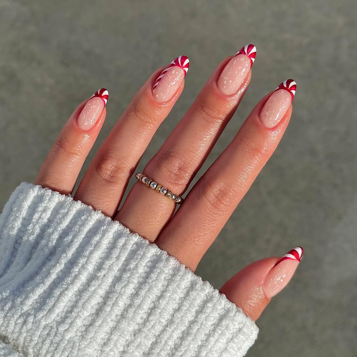 Candy Cane French Tips with Subtle Sparkle